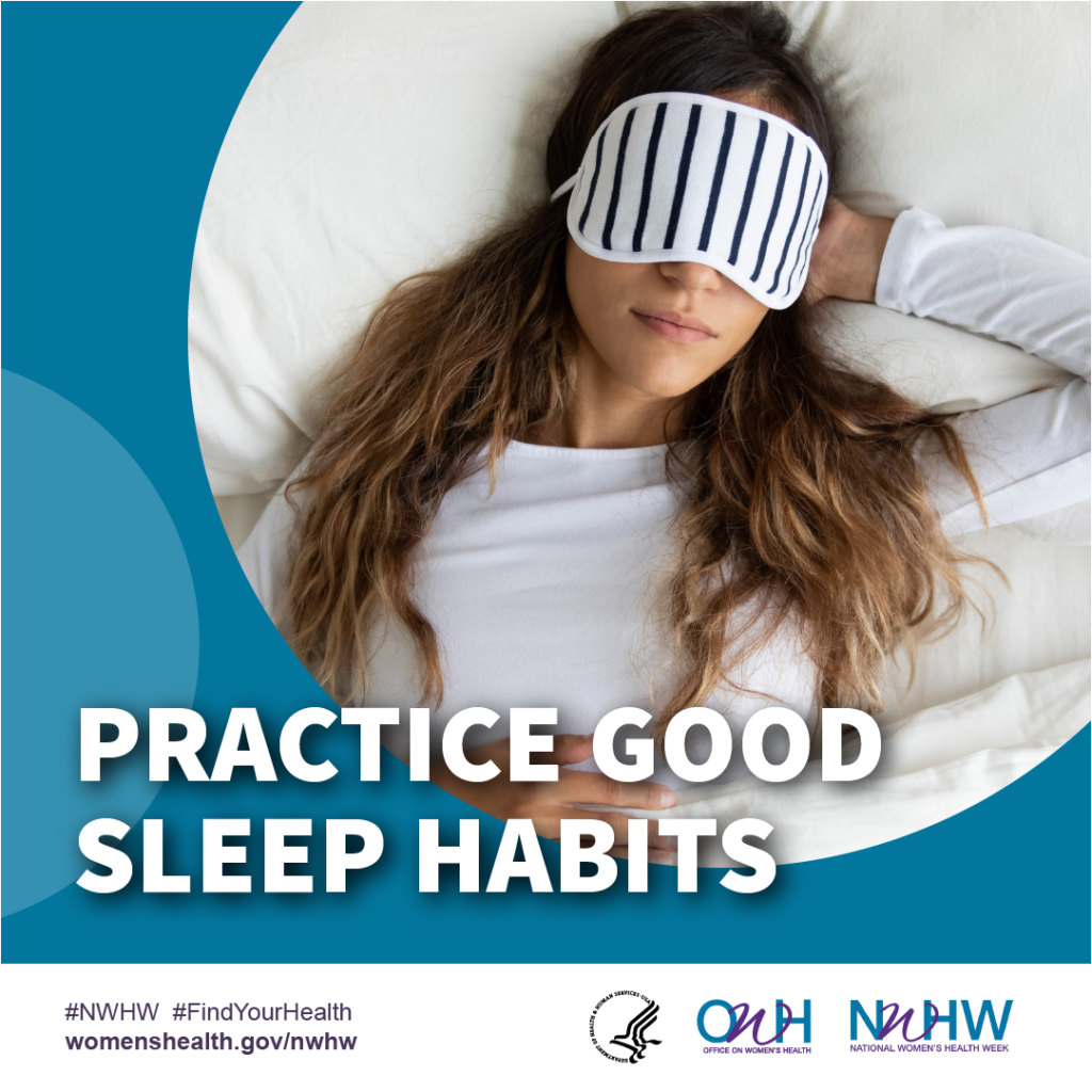 Women Sleeping graphic with "Practice Good Sleep Habits" white text