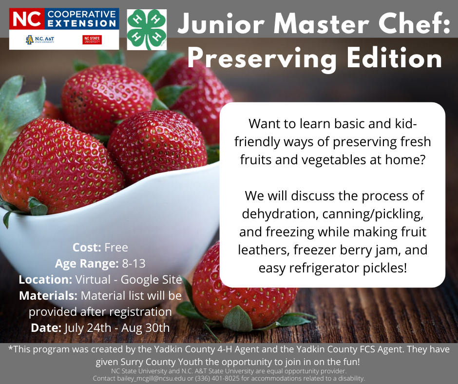 Want to learn basic and kid-friendly ways of preserving fresh fruits and vegetables at home? We will discuss the process of dehydration, canning/pickling, and freezing while making fruit leathers, freezer berry jam, and easy refrigerator pickles!