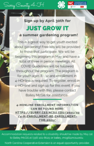 This is a great way to get youth excited about gardening! Free kits will be provided to those that participate. We will be beginning this program in May and have a total of three in person meetings. All COVID Guidelines will be followed throughout the program. The program is for youth ages 8 - 12 and enrollment in 4-HOnline is required. To register, enroll in 4-HOnline and sign up for this event. If you have trouble with this, please contact Bailey McGill for assistance. 