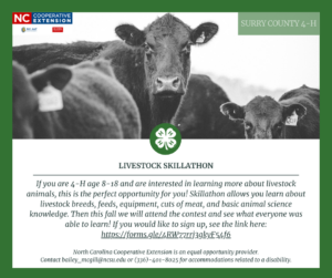 Skillathon is a contest that we will practice for and youth will get to learn all about livestock breeds, feeds, equipment, cuts of meat, and basic animal science knowledge. This fall we will attend the contest and see what everyone was able to learn! Youth must be 4-H age (age as of January 1st, 2021) 8-18 to participate. Please fill out this form by July 12th to participate!