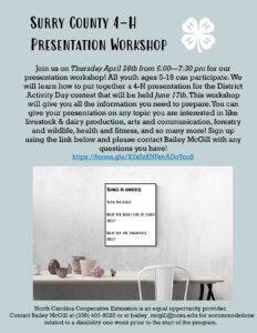 Join us on Thursday April 28th from 6:00—7:30 pm for our presentation workshop! We will learn how to put together a 4-H presentation giving you all the information you need to prepare. Presentations are a great way to practice public speaking and you can choose the topic! This can include things like livestock & dairy production, arts and communication, forestry and wildlife, health and fitness, and so many more! Register using the link below and if you have any questions, please contact Bailey McGill.