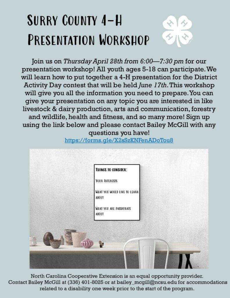 Join us on Thursday April 28th from 6:00—7:30 p.m. for our presentation workshop! We will learn how to put together a 4-H presentation giving you all the information you need to prepare. Presentations are a great way to practice public speaking and you can choose the topic! This can include things like livestock & dairy production, arts and communication, forestry and wildlife, health and fitness, and so many more! Register using the link below and if you have any questions, please contact Bailey McGill. 